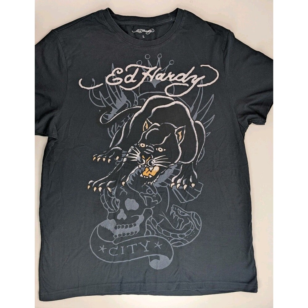 Ed Hardy Panther City Graphic T-Shirt Black Mens Size L Tattoo Art Tee